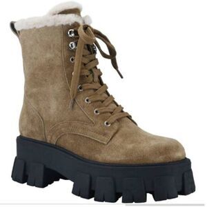 Marc Fisher Women Leather Faux Fur Lug Sole Combat Boot‎